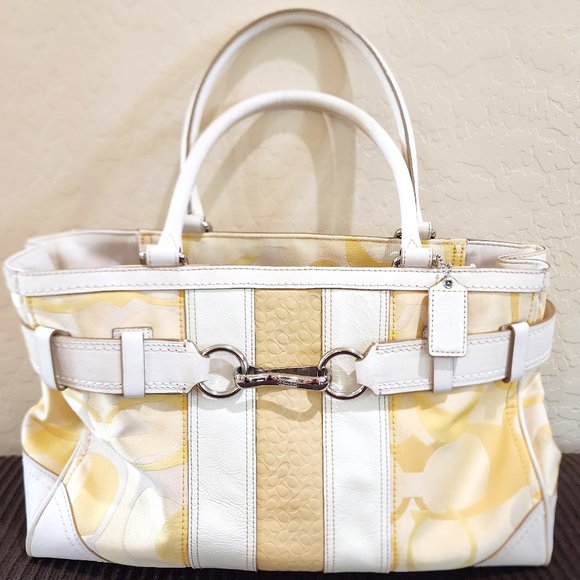 Coach Hampton Optic Signature Stripe Yellow White Double Handle Purse Bag - Picture 1 of 16